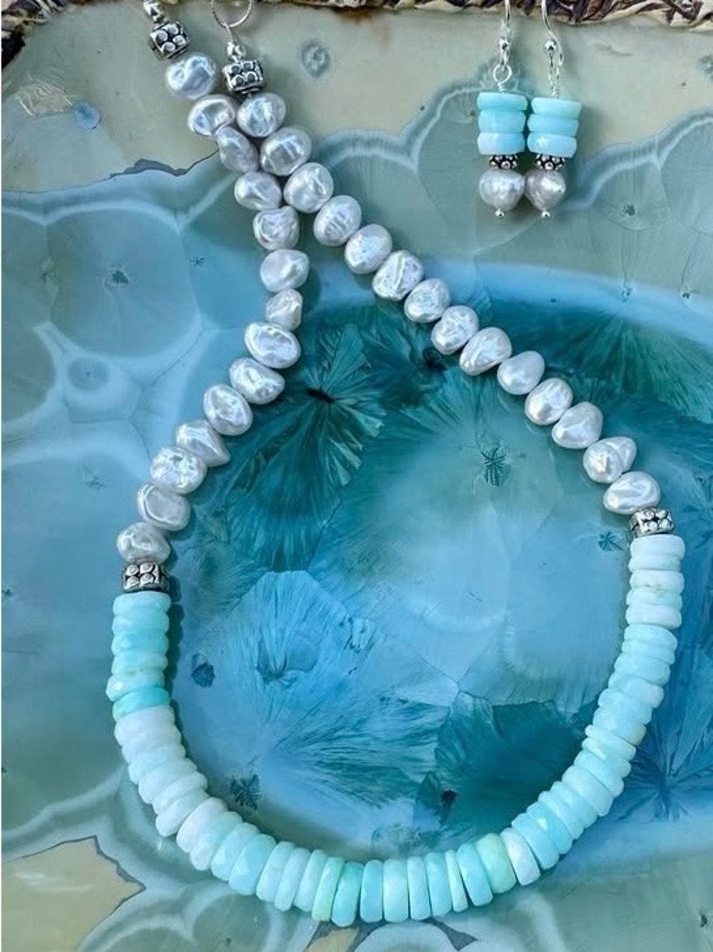 Rare Blue Peruvian Opal, Freshwater Pearl &  Sterling Silver Necklace & Earring